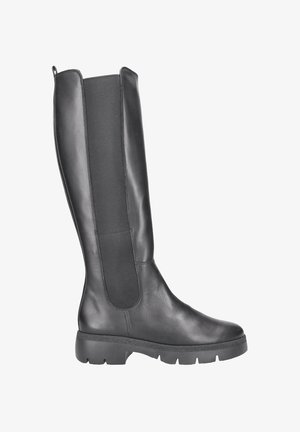 Bota negra de cuero liso hasta la rodilla con paneles laterales elásticos, suela de goma texturizada y diseño de punta redondeada.