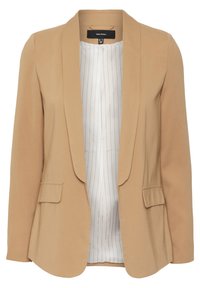 Blazer beige à structure cintrée, fermeture à un bouton et deux poches avant. Doublé d'un tissu blanc à fines rayures claires.