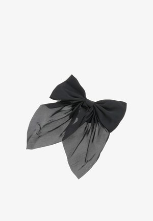 Zwart en grijs tweekleurig haarstrikje gemaakt van zachte stof, met een grote centrale knoop en vloeiende, gedrapeerde uiteinden.