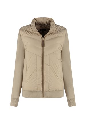 Beige Zip-Jacke mit gepolsterter Vorderseite und Strickärmel, hohem Kragen sowie gerippten Bündchen und Saum.