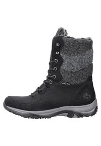 Botín negro con cuero texturizado y parte superior de tela con patrón de espiga. Cuenta con suela de goma gris y cordones en la parte delantera para un ajuste ajustable.