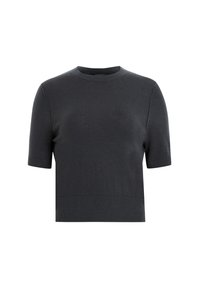 Grey knit short-sleeve top with a round neckline and ribbed edges. Simple, seamless design with a slightly cropped fit.