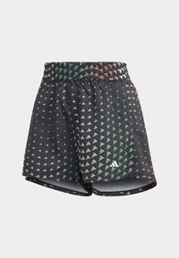 Svarta sportshorts med ett geometriskt triangelmönster i grönt och korall. Elastisk midja, lätt tyg och sidospjälor.