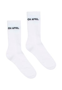 Calzini a crew in cotone bianco con la scritta nera "OH APRIL" sul bordo. Tessuto liscio, forma standard dei calzini, adatti per un abbigliamento casual.
