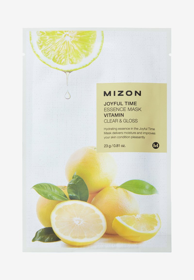 MIZON Maschera Essenziale Joyful Time, confezione gialla con immagine di limone, 23g, presenta uno sfondo testurizzato e un'etichettatura chiara del prodotto.