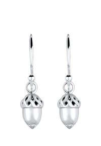 Sølvøreringe med egeknop-formede vedhæng, der har intrikate gitterdesigns, poleret overflade og hængende kroge.