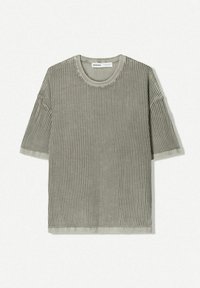 Light grey ribbed knit t-shirt with a round neckline and short sleeves. Features a textured fabric and a relaxed fit design.