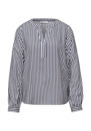 Blouse à manches longues avec rayures verticales bleu marine et blanches, encolure ronde fendue et poignets boutonnés.