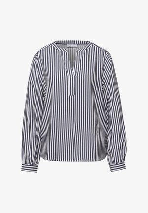 Langærmet bluse med lodrette, mørkeblå og hvide striber, rund halsudskæring med slids og manchetter med knapper.
