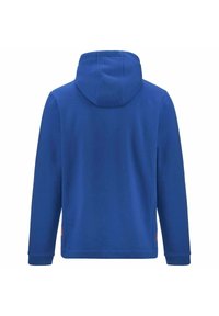 Felpa blu con cappuccio realizzata in tessuto morbido, con maniche lunghe e una vestibilità comoda. Include un accento laterale arancione.