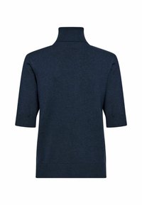 Polaire à manches courtes bleu marine avec un col haut. Texture tricotée, poignets et ourlet côtelés, sans motifs, design sobre. Convient pour un usage décontracté.