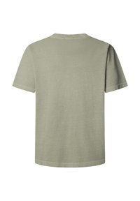 Effen licht olijfgroen T-shirt met korte mouwen, van achteren bekeken, met een ronde halslijn en een rechte zoom.
