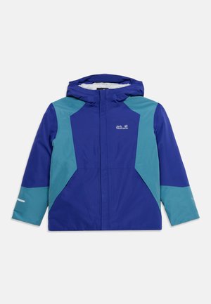 Blauwe en petrolkleurige capuchonjas met lange mouwen, rits aan de voorkant en Jack Wolfskin-logo op de borst tegen een witte achtergrond.