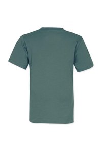 Kortärmad t-shirt i en dämpad grön färg, tillverkad av mjuk bomull, med en klassisk rund halsringning och en slät yta utan mönster.