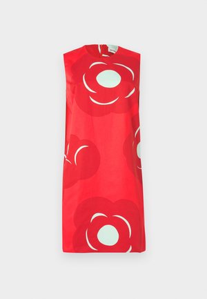 Vestito rosso senza maniche con grandi motivi floreali astratti in rosso e azzurro chiaro, con scollo alto e cerniera posteriore nascosta.