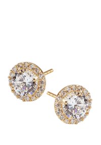Złote kolczyki-stud z dużym centralnym przezroczystym kamieniem otoczonym mniejszymi przezroczystymi kamieniami, z zapięciem na zatrzask.