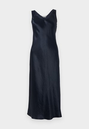 Satin navy blue dress with a sleeveless design and V-neckline. Drapes to the floor with a smooth, glossy texture and minimal detailing.