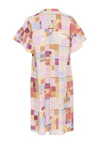 Korte mouwen jurk met een relaxed fit. Multikleurig vierkant patroon in pastelkleuren, zachte stof en subtiele ruches op de mouwen.