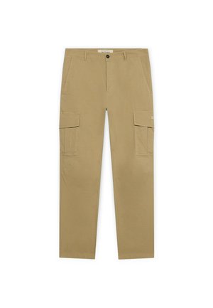 Béžové cargo kalhoty s předním knoflíkem a zipem, poutky na pásek, bočními kapsami a velkými klopnovými kapsami na obou stehnech.