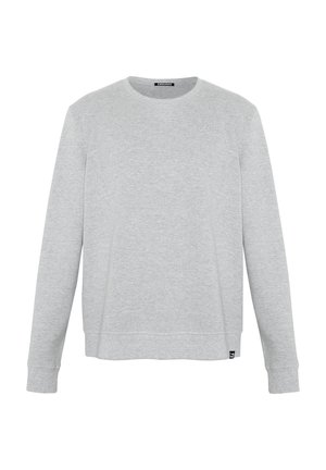 Light gray sweatshirt, crew neck, ribbed cuffs, made from soft cotton blend fabric, featuring a subtle logo detail on the chest.