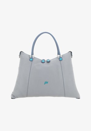 Borsa a mano in pelle grigia con manici e dettagli azzurri, caratterizzata da una texture liscia e un design sottile e strutturato. Logo ricamato sul davanti.