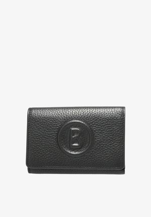 Schwarzes Lederportemonnaie mit strukturierter Oberfläche, auf der Vorderseite mit einem runden, geprägten 'B'-Logo und einem rechteckigen Design.