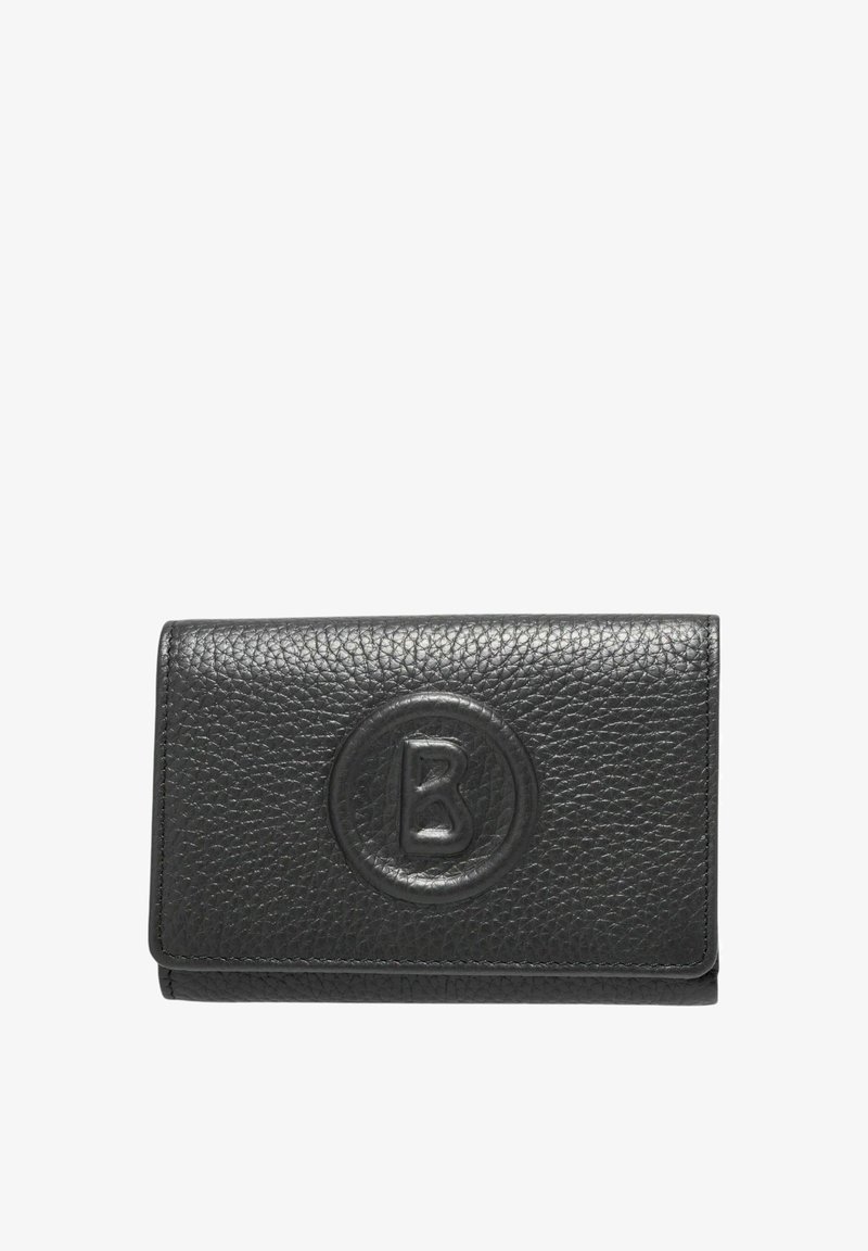 Černá kožená peněženka s texturovaným povrchem, na přední straně s vyraženým kruhovým logem 'B' a obdélníkovým designem.