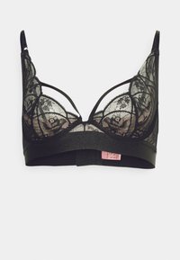 Musta pitsinen bralette, jossa on läpinäkyvät kupit, monimutkainen kukkakuvio ja säädettävät olkaimet. Sisältää kiinteän mustan vyön ja vaaleanpunaisen hoitoetiketin.