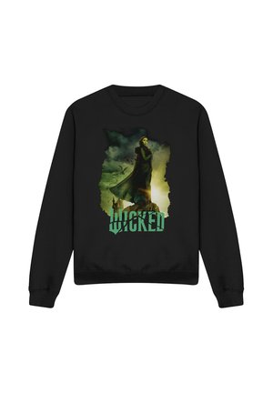 Black sweatshirt featuring a woman in a green cloak on a cliff with birds, green clouds, and the word "WICKED" in bold green letters.