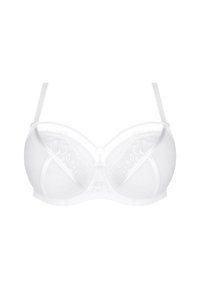 Witte bh met doorschijnende mesh en kantdetails, beugelondersteuning, verstelbare bandjes, een centrale decoratieve ring en gegolfde randen.