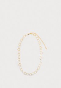 Kultaketju, jossa on pyöreitä lenkkejä, vuorottelevat läpinäkyvät ja läpikuultavat osat, varustettuna lukolla ja säädettävällä ketjukiinnityksellä.