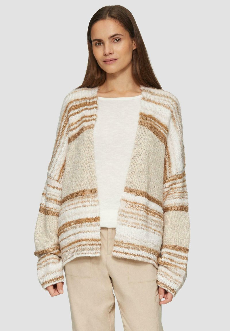 Strepen cardigan in beige en wit, gemaakt van textuurgebreid materiaal, met een open voorkant, oversized mouwen en een ontspannen pasvorm.