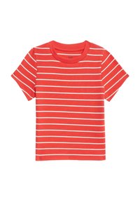 T-shirt rosso a maniche corte con righe orizzontali bianche. Collo a costine. Materiale in cotone morbido e stretch. Vestibilità e design standard.