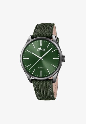 Orologio da polso Lotus al quarzo con quadrante verde effetto sunburst, indici e lancette argentati e cinturino in tessuto verde texturizzato.