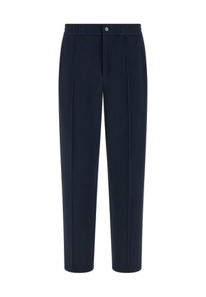 Marineblaue, maßgeschneiderte Hose mit hoher Taille, Bügelfalte vorne und einem einzelnen Knopfverschluss am Taillenbund.