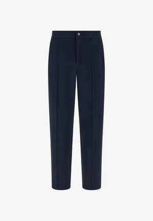 Námořnicky modré kalhoty na míru s vysokým pasem, předním záhybem a jedním knoflíkem na pásku.