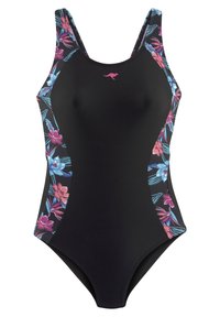 Maillot de bain une pièce en tissu noir avec des motifs floraux colorés sur les côtés. Dispose de bretelles larges et d'un design ajusté.