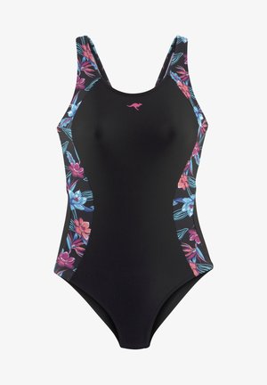 Maillot de bain une pièce en tissu noir avec des motifs floraux colorés sur les côtés. Dispose de bretelles larges et d'un design ajusté.