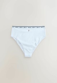 White cotton bikini briefs with a black elastic waistband featuring the word "NEXT" and a small pink floral embroidery detail.