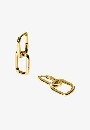 Goldene Metallohrringe mit verbundenen ovalen und rechteckigen Formen. Die glatte, polierte Oberfläche verstärkt die glänzende Optik.