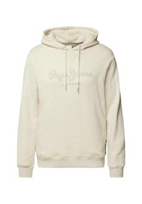 Sudadera beige clara con un bolsillo canguro frontal, capucha con cordones y logo en relieve "Pepe Jeans London" en un diseño curvado.