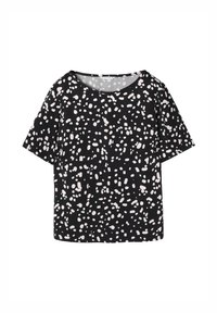 Maglietta nera a maniche corte con un motivo astratto bianco. Presenta un collo ampio e una vestibilità rilassata. Realizzata in tessuto morbido e leggero.