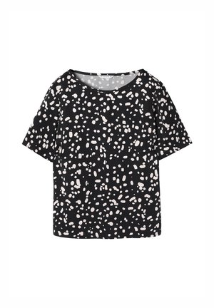 Haut noir à manches courtes avec un motif abstrait blanc. Doté d'un col large et d'une coupe décontractée. Fabriqué en tissu doux et léger.
