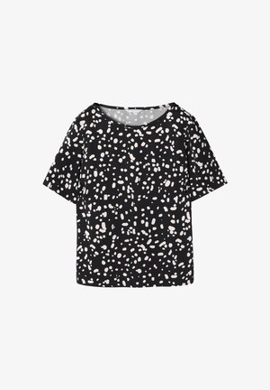 Haut noir à manches courtes avec un motif abstrait blanc. Doté d'un col large et d'une coupe décontractée. Fabriqué en tissu doux et léger.