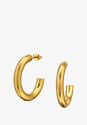 Boucles d'oreilles en or avec un design lisse et courbé. Possède une finition polie et un fermoir sécurisé. Forme légère et minimaliste.