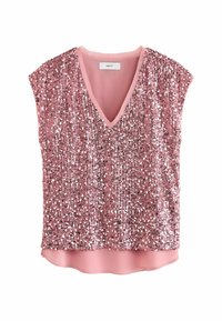 Top en sequins roses avec un décolleté en V, des manches courtes et un ourlet lisse. Présente de multiples sequins brillants disposés verticalement et une finition satinée.
