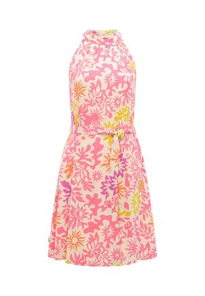 Abito senza maniche con collo all'americana con motivi floreali e coralli in rosa, arancione e giallo, dotato di cintura in tessuto coordinata in vita.