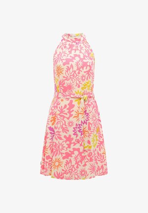Sukienka bez rękawów z dekoltem halter w różowe, pomarańczowe i żółte kwiatowe oraz koralowe wzory, z dopasowanym paskiem z tego samego materiału w talii.