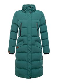 Zelena puhasta jakna z visokim ovratnikom, zadrgo, žepi na zadrgo in gumbi na spono. Ima črne akcentne detajle in nekoliko prilegajoč silhueto.