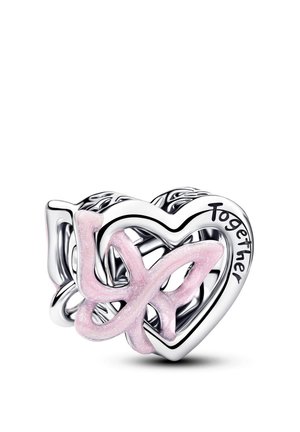 Charm en forme de cœur argenté avec le mot "love" écrit en rose sur le devant et "Together" inscrit sur le côté droit du contour du cœur.